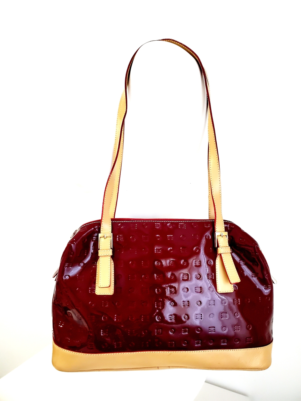 Arcadia Burgundy Patent Shoulder Bag with Tan Straps